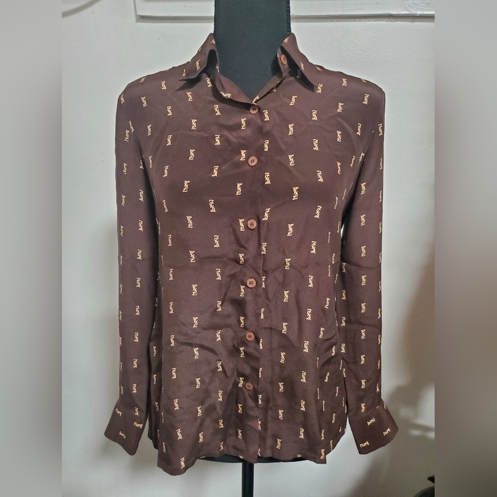 Vintage Yves Saint Laurent YSL Brown Silk Logo Long Sleeve Button Up Blouse sz12